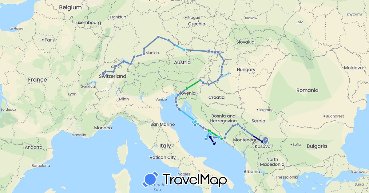 TravelMap itinerary: driving, bus, cycling, boat in Austria, Bosnia and Herzegovina, Switzerland, Germany, Croatia, Hungary, Italy, Serbia, Slovenia, Slovakia, Kosovo (Europe)
